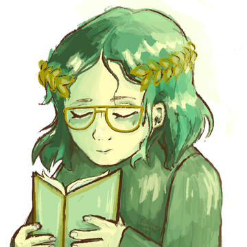 [image: green woman with a crown reading a book]